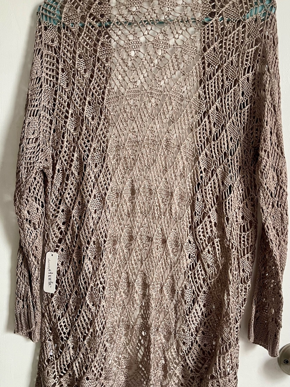 Charming Charlie Open-Front Crochet Cardigan in Taupe - Picture 2 of 4